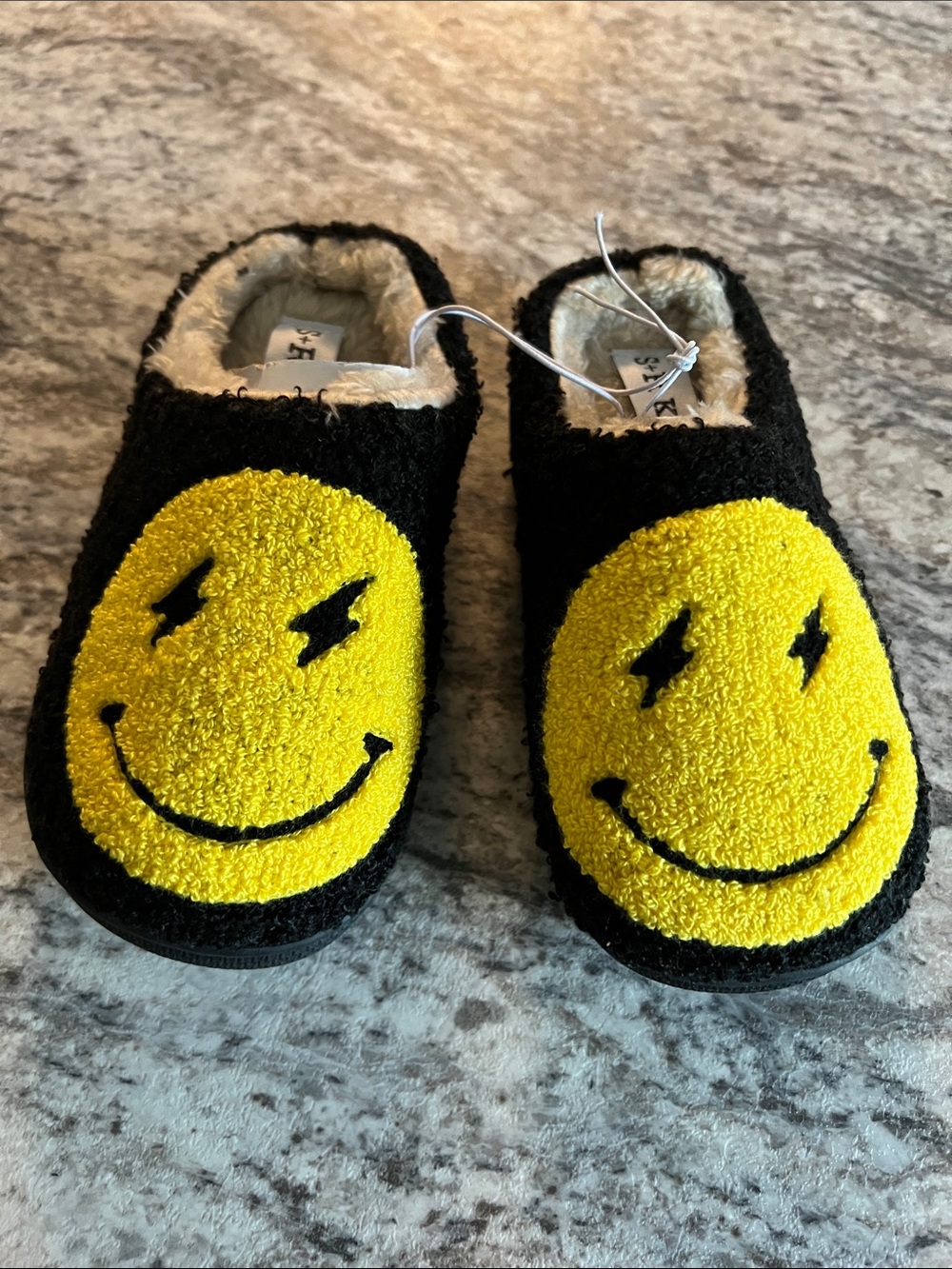 Black Boys Cozy Slip-On Slippers with Yellow Smiley Face  NIP